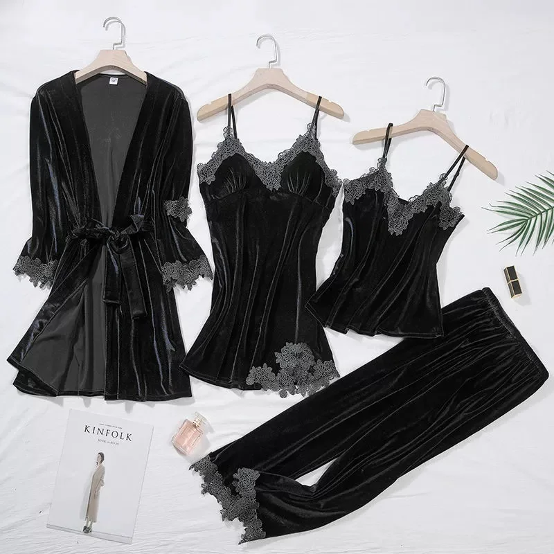 Ensemble de nuit 4 pièces en velours pour femme – Image 5