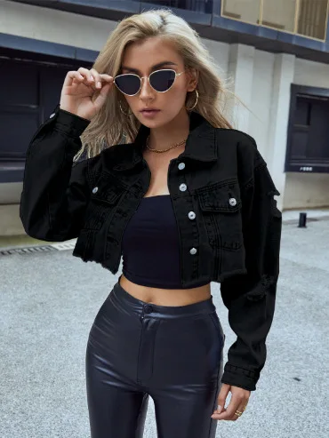 Manteaux en jean femme, vestes courtes unies – Image 4