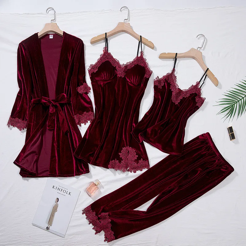 Ensemble de nuit 4 pièces en velours pour femme – Image 4