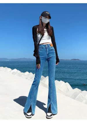Jean évasé extensible taille haute pour femme
