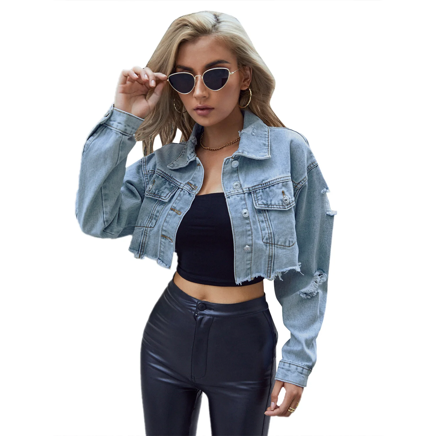 Manteaux en jean femme, vestes courtes unies – Image 3