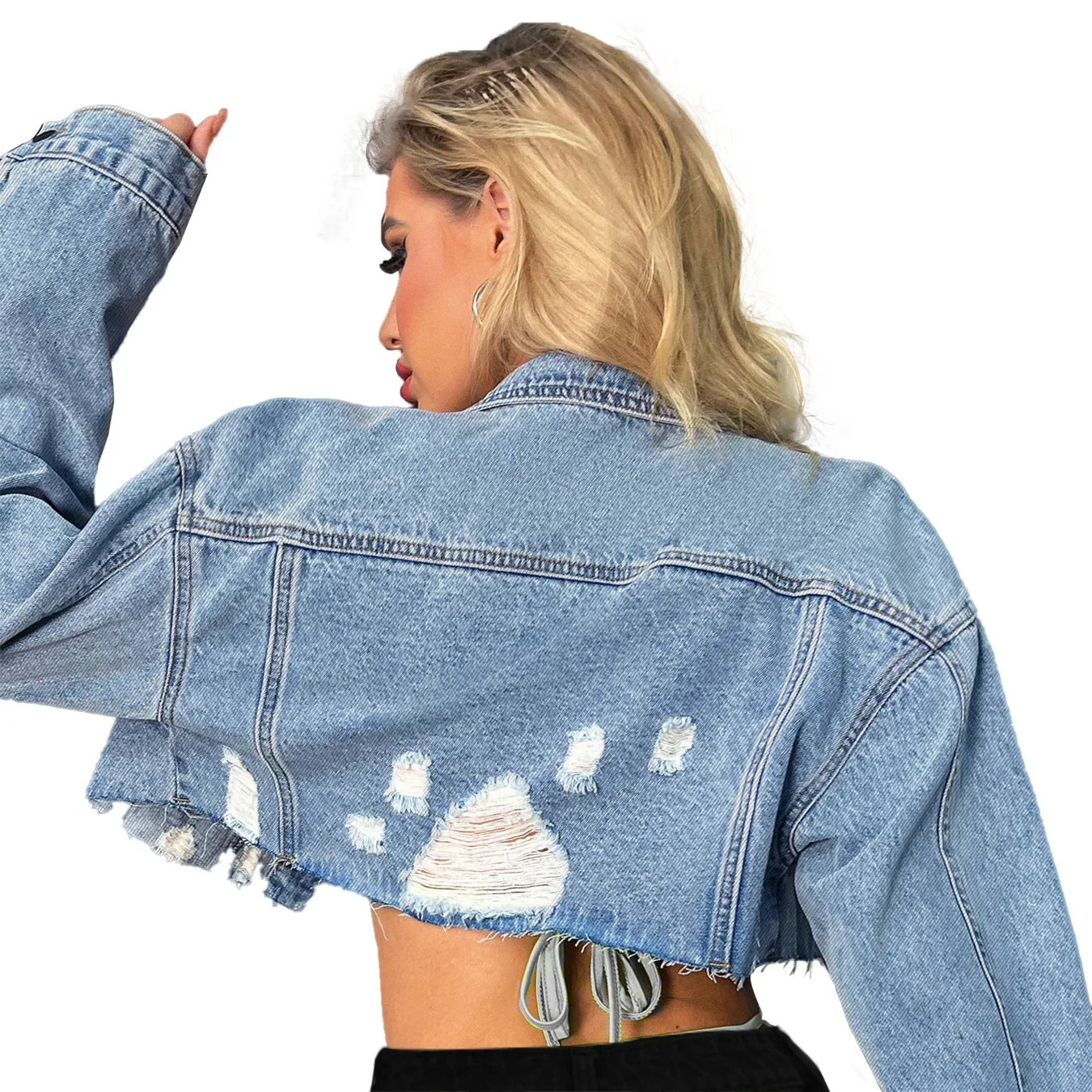 Veste en jean effet usé avec déchirures – Image 3